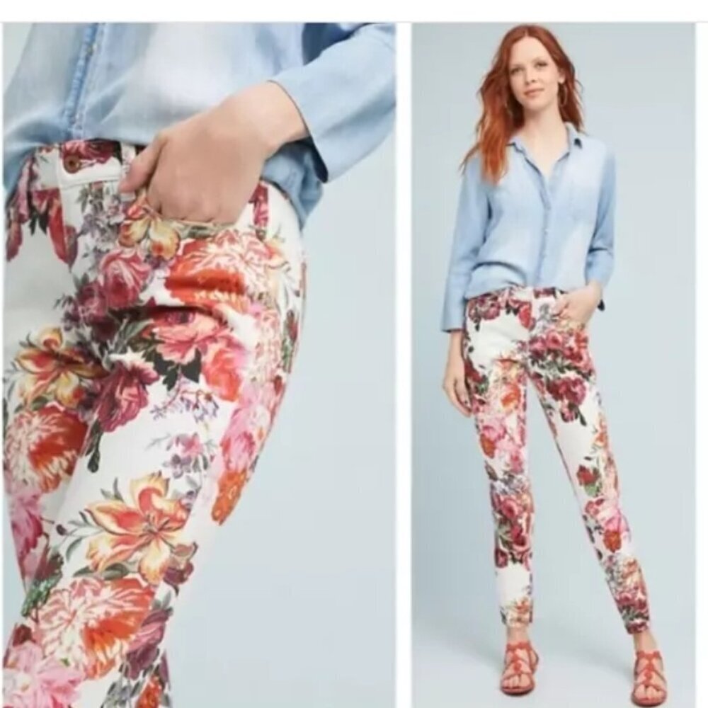 Anthropologie Floral Skinny Jeans — White with Pink, Orange, Green Accents